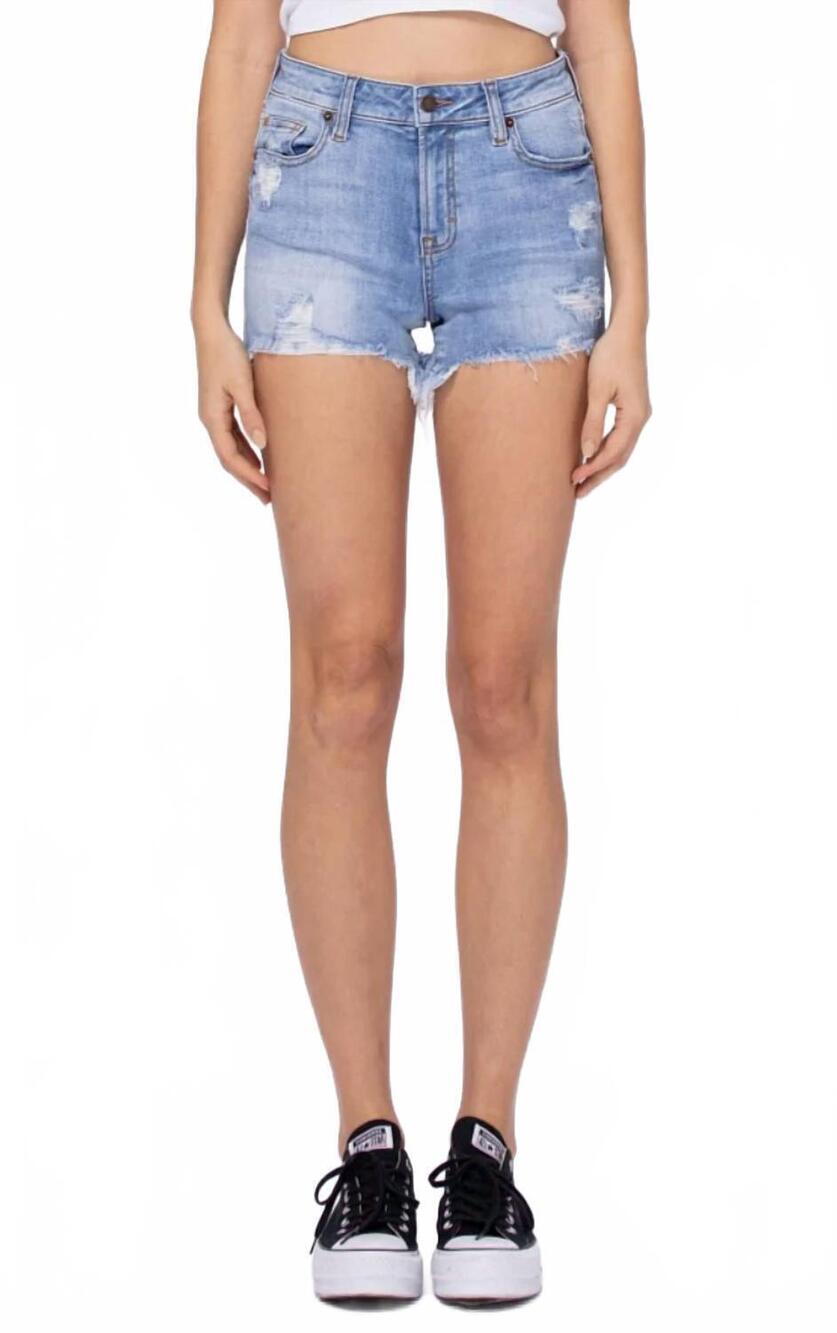 NEW HIDDEN kenny basic mid rise fray shorts in blue